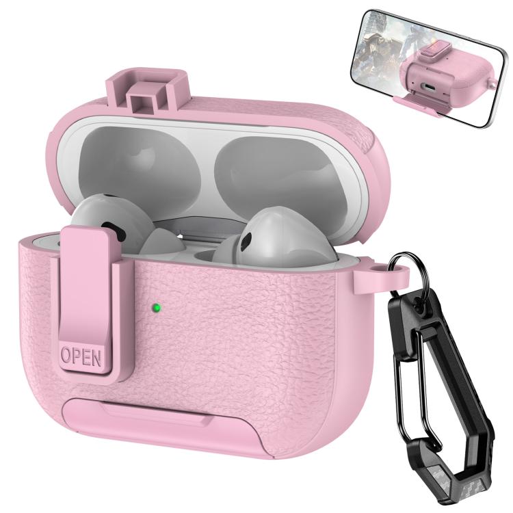 For AirPods Pro Leather Texture Wireless Earphones Case with Hook & Holder(Pink)