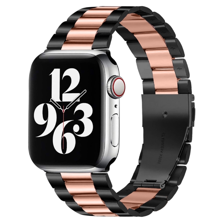 For Apple Watch Series 10 42mm / 9&8&7 41mm / SE 3&SE 2&6&SE&5&4 40mm / 3&2&1 38mm Fold Buckle 3 Beads Stainless Steel Watch Band (Black+Rose gold)