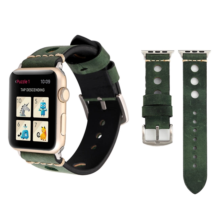 For Apple Watch Series 10 42mm / 9&8&7 41mm / SE 3&SE 2&6&SE&5&4 40mm / 3&2&1 38mm Retro Hole Genuine Leather Wrist Watch Band(Green)
