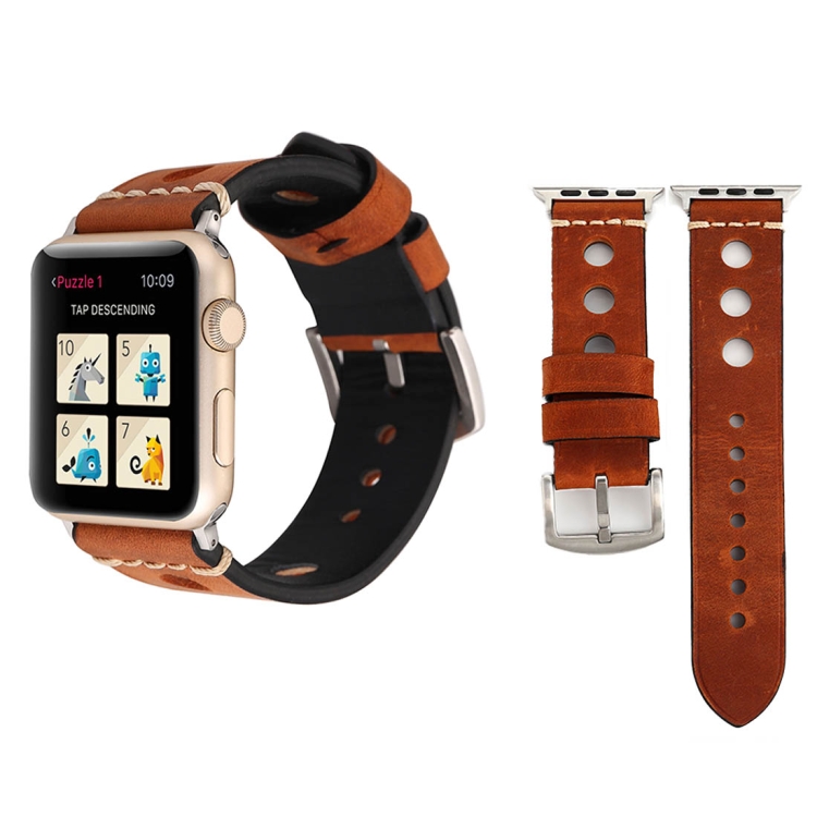 For Apple Watch Series 10 42mm / 9&8&7 41mm / SE 3&SE 2&6&SE&5&4 40mm / 3&2&1 38mm Retro Hole Genuine Leather Wrist Watch Band(Reddish Brown)