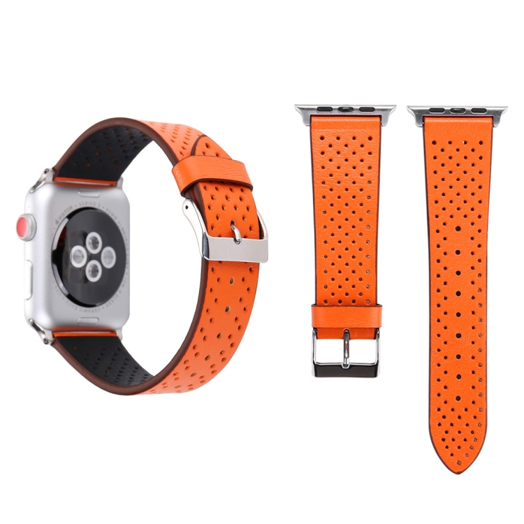 For Apple Watch Series 10 42mm / 9&8&7 41mm / SE 3&SE 2&6&SE&5&4 40mm / 3&2&1 38mm Simple Fashion Genuine Leather Hole Pattern Watch Band(Orange)