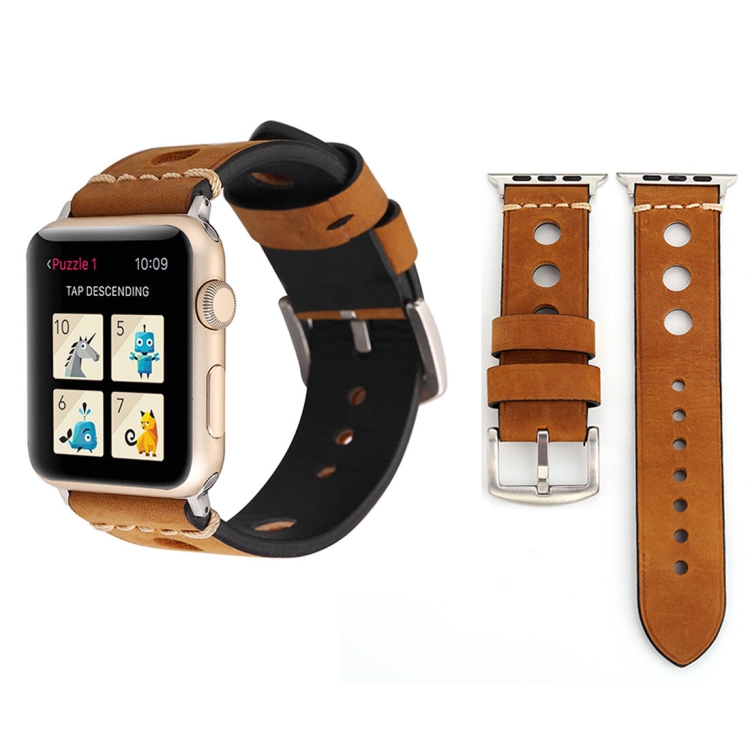 For Apple Watch Series 7 45mm / 6 & SE & 5 & 4 44mm / 42mm 3 & 2 & 1 Retro Hole Genuine Leather Wrist Watch Band(Brown)