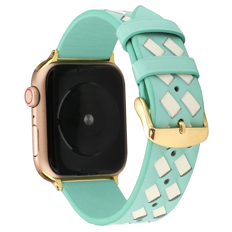 For Apple Watch Series 9&8&7 41mm / SE 3&SE 2&6&SE&5&4 40mm / 3&2&1 38mm Woven Pattern Genuine Leather Strap(Green White)
