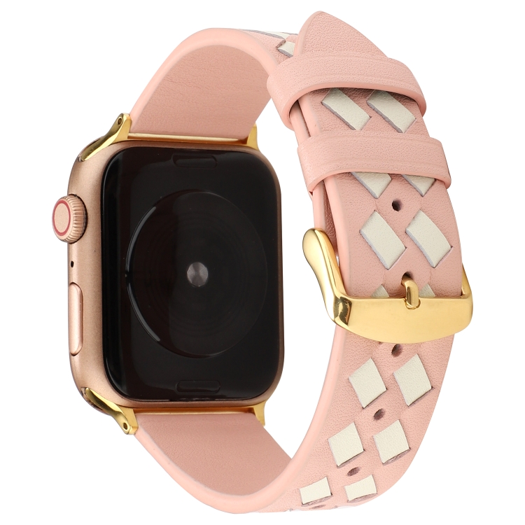 For Apple Watch Series 9&8&7 41mm / SE 3&SE 2&6&SE&5&4 40mm / 3&2&1 38mm Woven Pattern Genuine Leather Strap(Pink White)