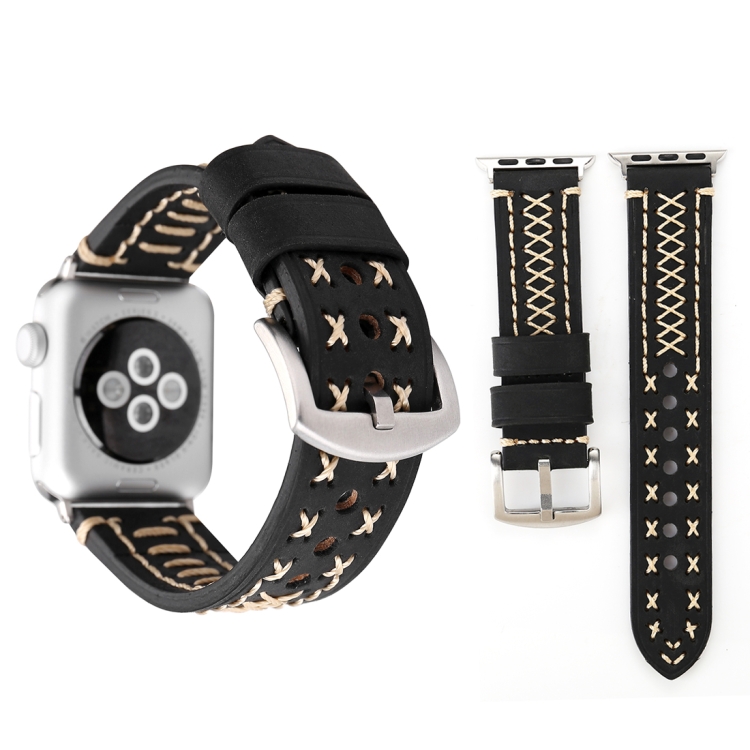 For Apple Watch Ultra 49mm&Watch Ultra 2 49mm / Series 10 46mm / 9&8&7 45mm / SE 3&SE 2&6&SE&5&4 44mm / 3&2&1 42mm Manual Line Pattern Genuine Leather Wrist Watch Band(Black)