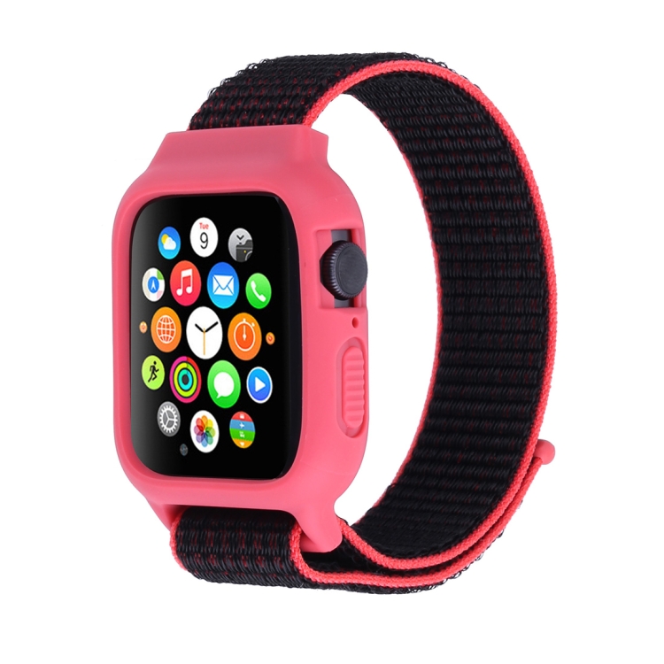 For Apple Watch Ultra 49mm&Watch Ultra 2 49mm / Series 10 46mm / 9&8&7 45mm / SE 3&SE 2&6&SE&5&4 44mm / 3&2&1 42mm Nylon Watch Band with Hook and Loop Fastener (Black Red)