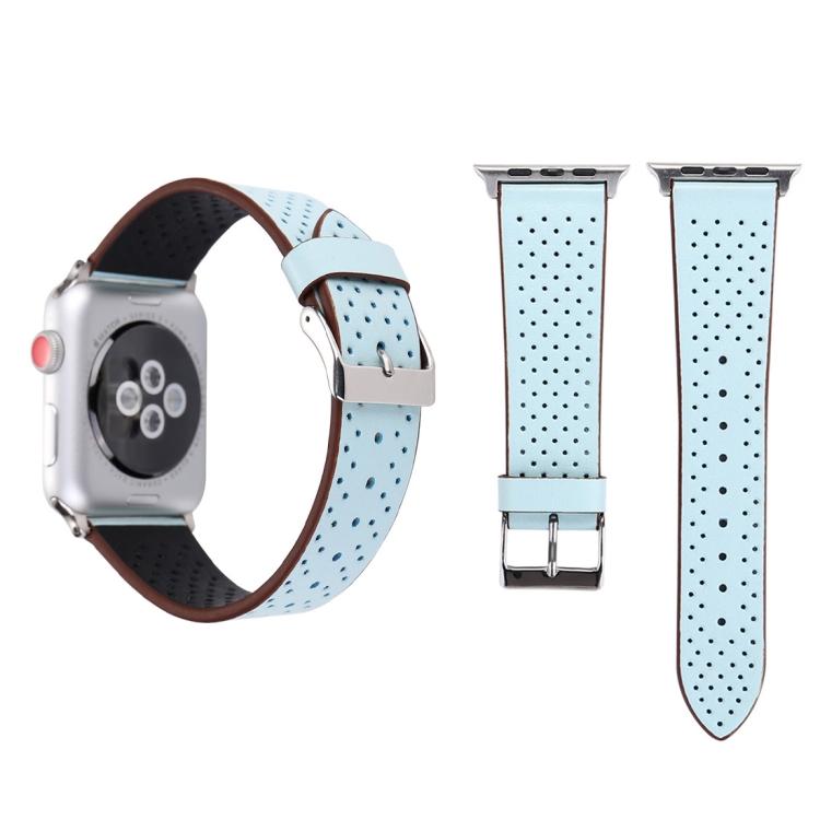 For Apple Watch Ultra 49mm&Watch Ultra 2 49mm / Series 10 46mm / 9&8&7 45mm / SE 3&SE 2&6&SE&5&4 44mm / 3&2&1 42mm Simple Fashion Genuine Leather Hole Pattern Watch Band(Blue)