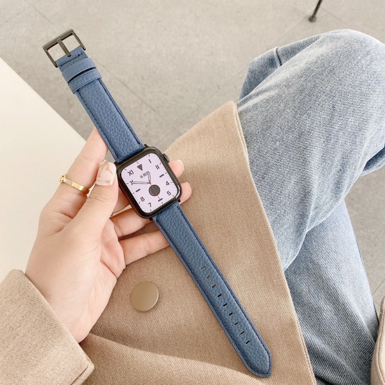 For Apple Watch Ultra 49mm&Watch Ultra 2 49mm / Series 9&8&7 45mm / SE 3&SE 2&6&SE&5&4 44mm / 3&2&1 42mm Sewing Thread Lychee Texture Leather Watch Band(Blue)