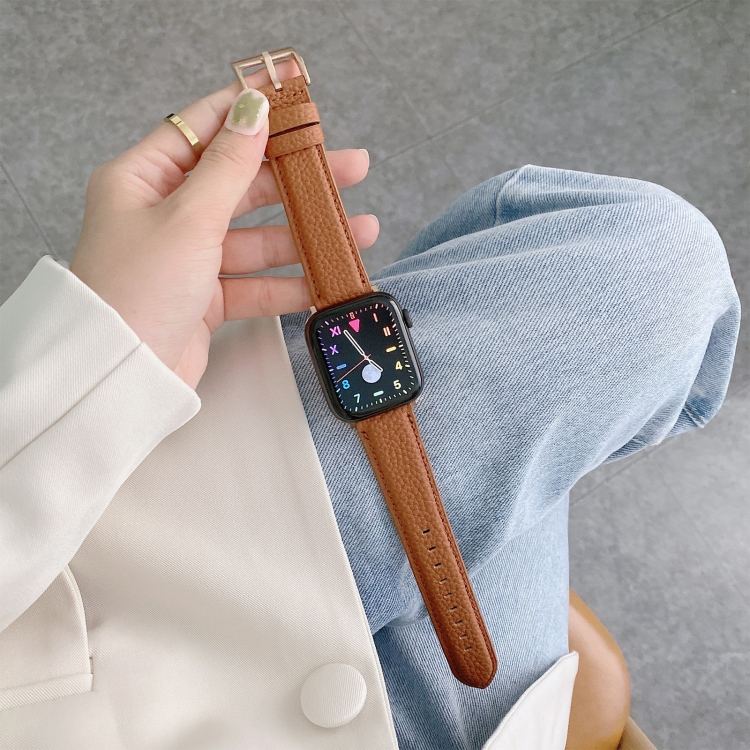 For Apple Watch Ultra 49mm&Watch Ultra 2 49mm / Series 9&8&7 45mm / SE 3&SE 2&6&SE&5&4 44mm / 3&2&1 42mm Sewing Thread Lychee Texture Leather Watch Band(Brown)