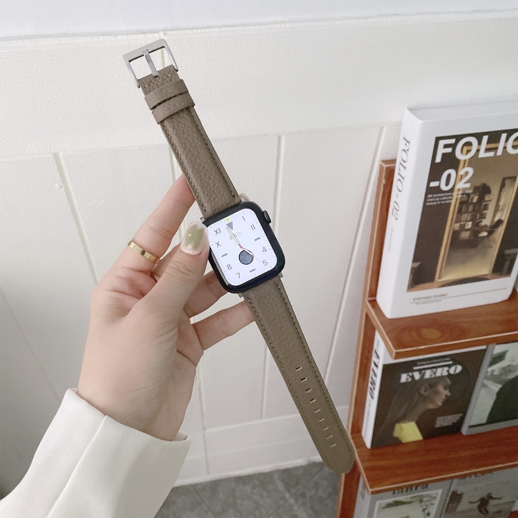 For Apple Watch Ultra 49mm&Watch Ultra 2 49mm / Series 9&8&7 45mm / SE 3&SE 2&6&SE&5&4 44mm / 3&2&1 42mm Sewing Thread Lychee Texture Leather Watch Band(Coffee)