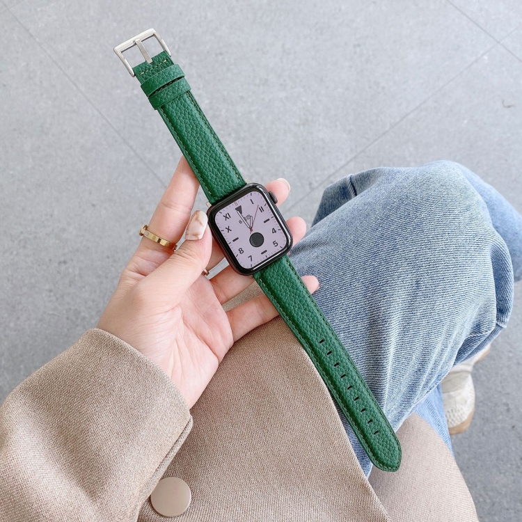 For Apple Watch Ultra 49mm&Watch Ultra 2 49mm / Series 9&8&7 45mm / SE 3&SE 2&6&SE&5&4 44mm / 3&2&1 42mm Sewing Thread Lychee Texture Leather Watch Band(Green)