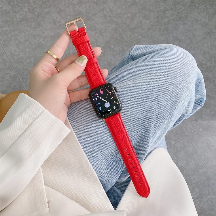 For Apple Watch Ultra 49mm&Watch Ultra 2 49mm / Series 9&8&7 45mm / SE 3&SE 2&6&SE&5&4 44mm / 3&2&1 42mm Sewing Thread Lychee Texture Leather Watch Band(Red)