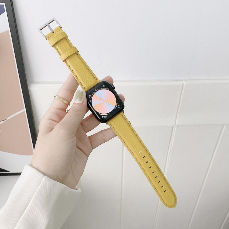 For Apple Watch Ultra 49mm&Watch Ultra 2 49mm / Series 9&8&7 45mm / SE 3&SE 2&6&SE&5&4 44mm / 3&2&1 42mm Sewing Thread Lychee Texture Leather Watch Band(Yellow)