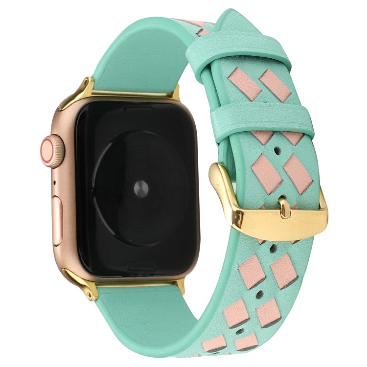 For Apple Watch Ultra 49mm&Watch Ultra 2 49mm / Series 9&8&7 45mm / SE 3&SE 2&6&SE&5&4 44mm / 3&2&1 42mm Woven Pattern Genuine Leather Strap(Green Pink)