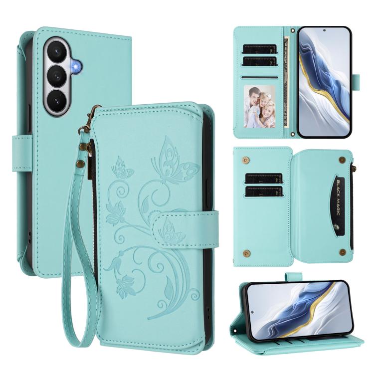 For Galaxy S26 5G Butterfly Love Flower Multi-card Zipper Wallet Leather Phone Case(Mint Green)