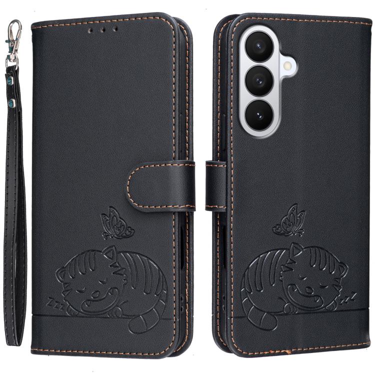 For Galaxy S26 5G Cat Butterfly Embossed RFID Vegan Leather Phone Case with Strap(Black)
