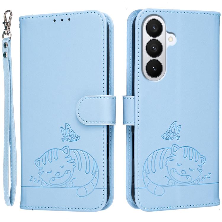 For Galaxy S26 5G Cat Butterfly Embossed RFID Vegan Leather Phone Case with Strap(Light Blue)