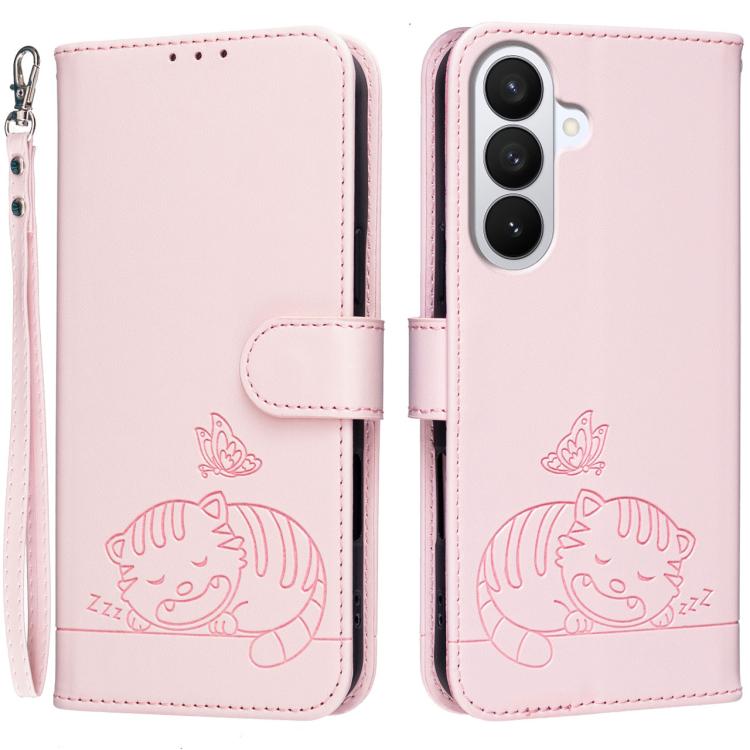 For Galaxy S26 5G Cat Butterfly Embossed RFID Vegan Leather Phone Case with Strap(Pink)