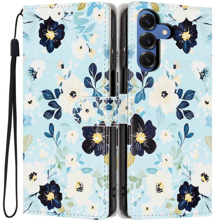 For Galaxy S26 5G Colorful Painting Vegan Leather Phone Case with Lanyard(Blue Background Flower)