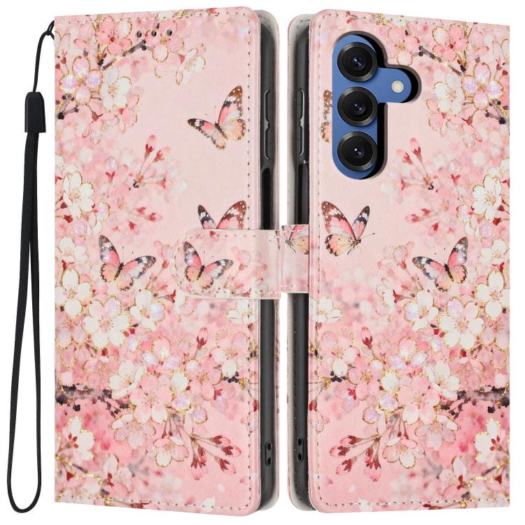 For Galaxy S26 5G Colorful Painting Vegan Leather Phone Case with Lanyard(Pink Flower Butterfly)