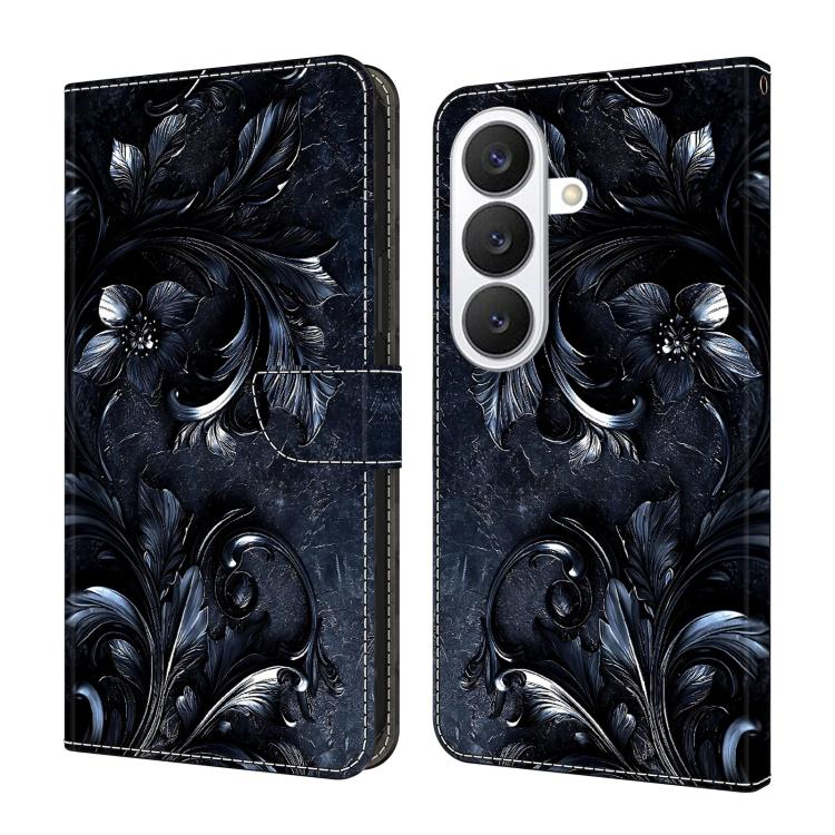 For Galaxy S26 5G Crystal-Like Painted Vegan Leather Phone Case(Black Flower)