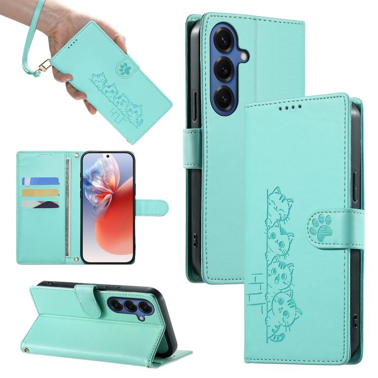 For Galaxy S26 5G Cute Cats Magnetic Closure Vegan Leather Phone Case with Strap(Green)