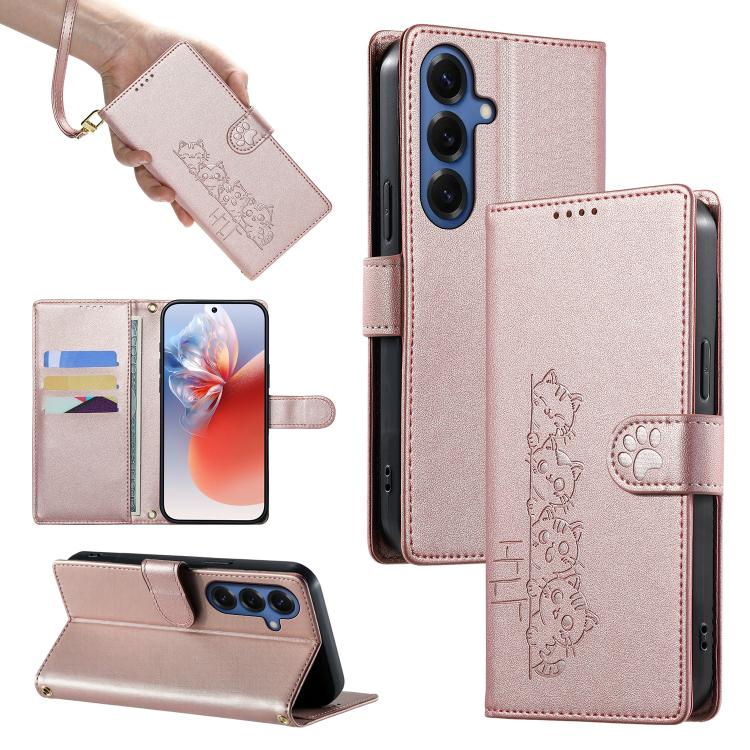 For Galaxy S26 5G Cute Cats Magnetic Closure Vegan Leather Phone Case with Strap(Rose Gold)