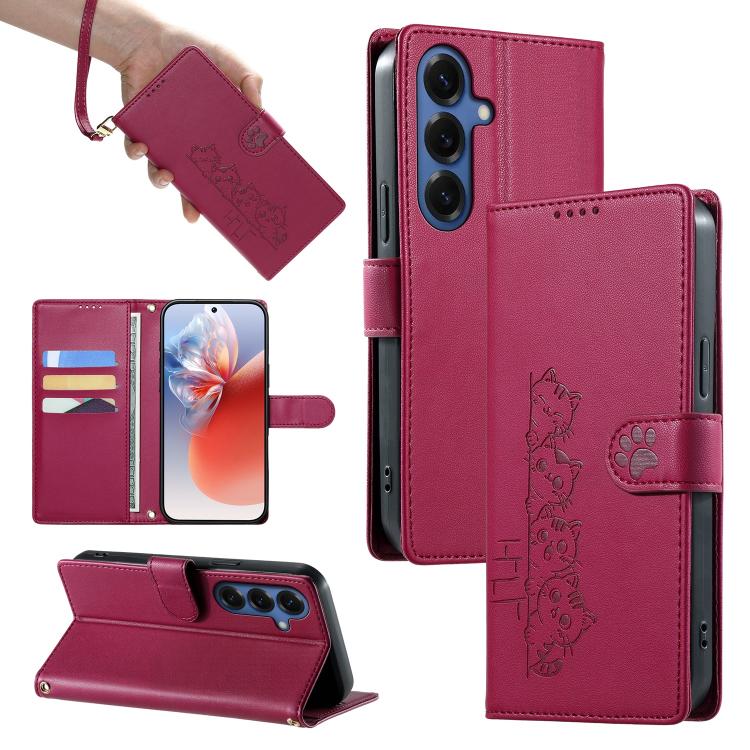 For Galaxy S26 5G Cute Cats Magnetic Closure Vegan Leather Phone Case with Strap(Rose Red)