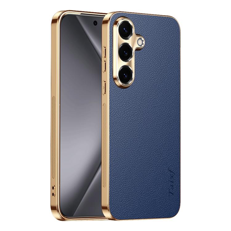 For Galaxy S26 5G Electroplated Frame Litchi Texture PC + TPU Vegan Leather Phone Case(Blue)