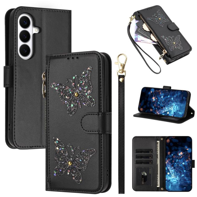 For Galaxy S26 5G Glitter Butterfly Zipper Vegan Leather Phone Case with Wrist Strap(Black)