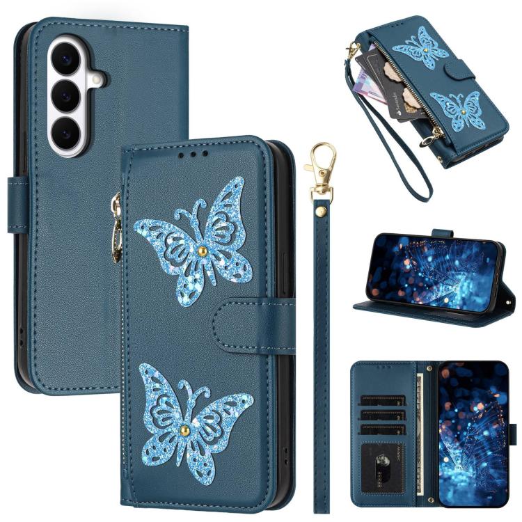 For Galaxy S26 5G Glitter Butterfly Zipper Vegan Leather Phone Case with Wrist Strap(Blue)