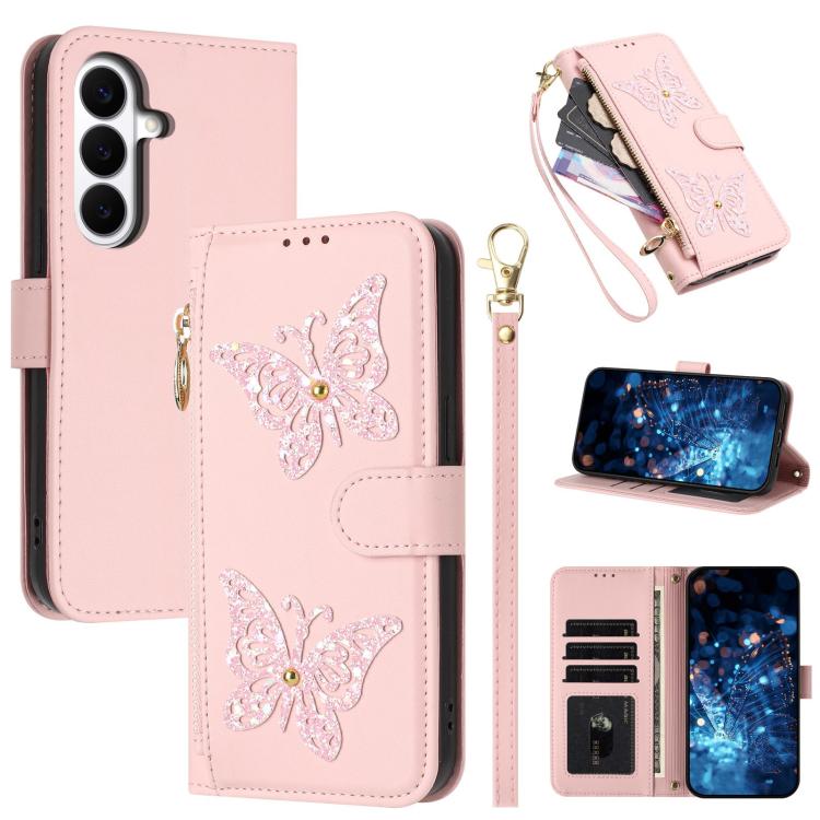 For Galaxy S26 5G Glitter Butterfly Zipper Vegan Leather Phone Case with Wrist Strap(Pink)