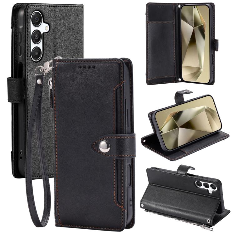 For Galaxy S26 5G Litchi Texture Zipper Wallet Buckle Vegan Leather Phone Case with Wrist Strap(Black)