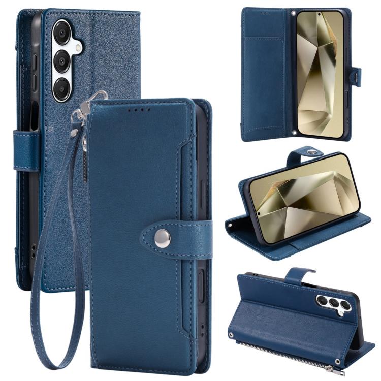 For Galaxy S26 5G Litchi Texture Zipper Wallet Buckle Vegan Leather Phone Case with Wrist Strap(Blue)