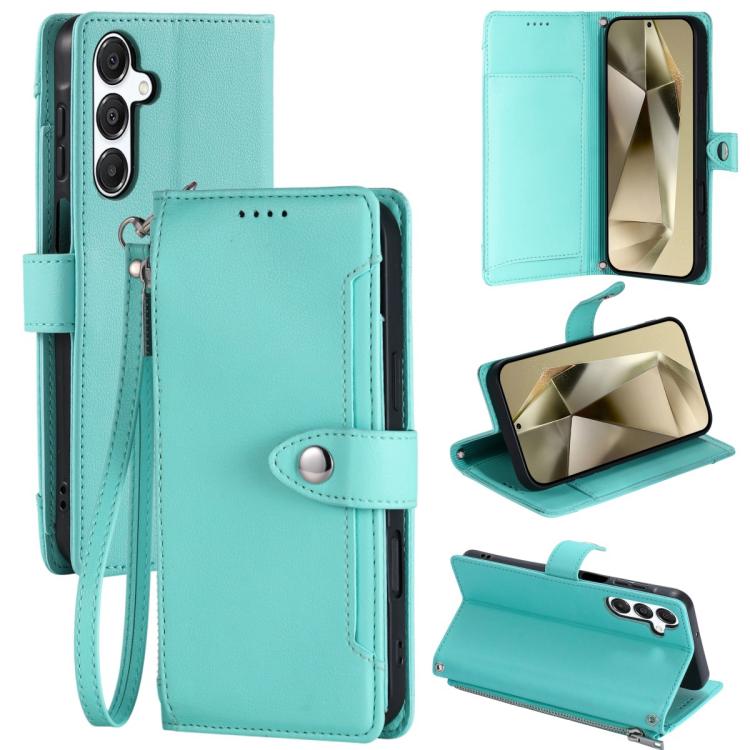 For Galaxy S26 5G Litchi Texture Zipper Wallet Buckle Vegan Leather Phone Case with Wrist Strap(Lake Blue)