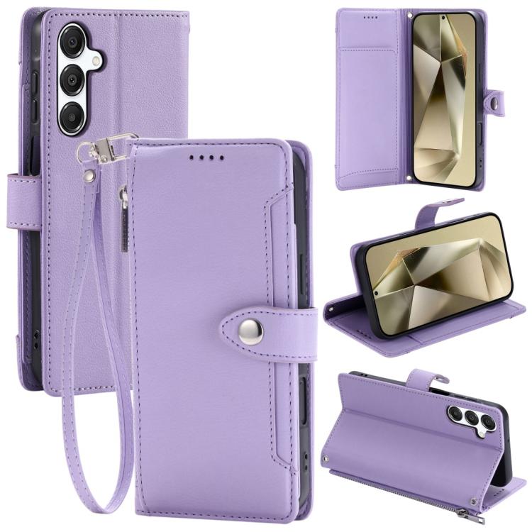 For Galaxy S26 5G Litchi Texture Zipper Wallet Buckle Vegan Leather Phone Case with Wrist Strap(Purple)