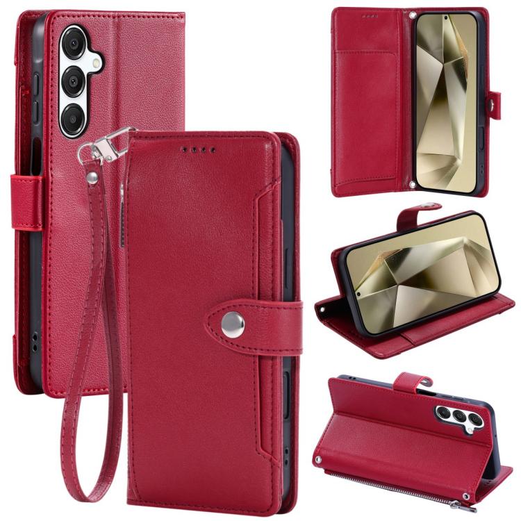 For Galaxy S26 5G Litchi Texture Zipper Wallet Buckle Vegan Leather Phone Case with Wrist Strap(Red)
