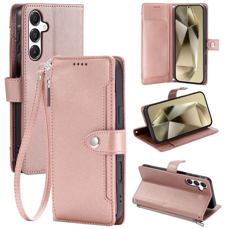 For Galaxy S26 5G Litchi Texture Zipper Wallet Buckle Vegan Leather Phone Case with Wrist Strap(Rose Gold)