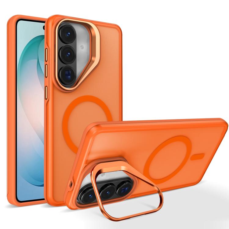 For Galaxy S26 5G Metal Camera Holder Skin Matte Magnetic Phone Case(Orange)
