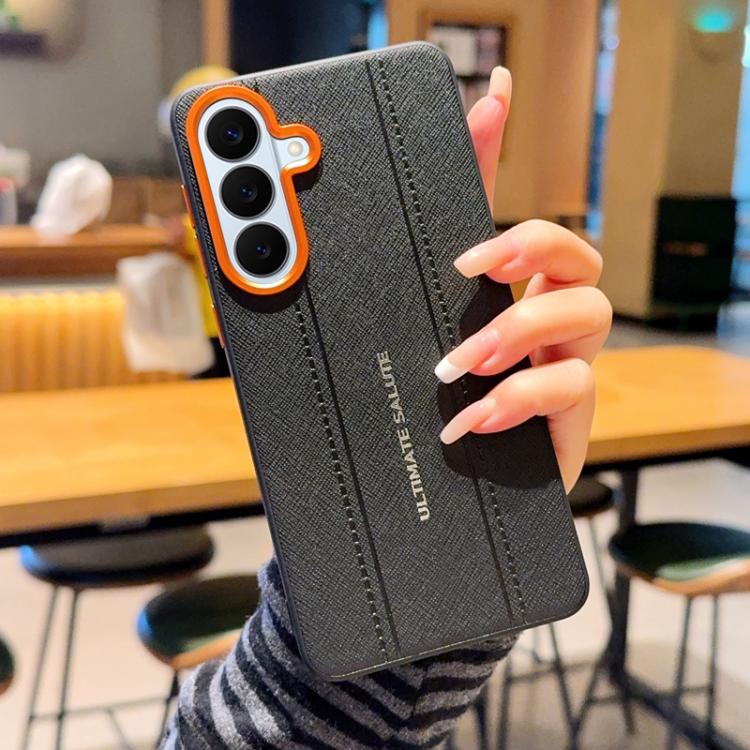For Galaxy S26 5G Metal Camera Lens Frame Buttons Vegan Leather Phone Case(Black)