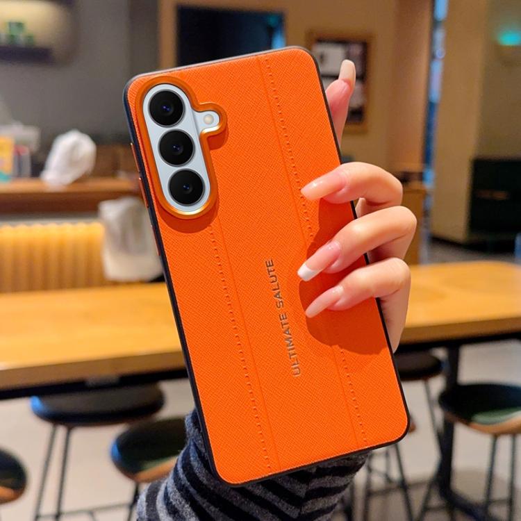 For Galaxy S26 5G Metal Camera Lens Frame Buttons Vegan Leather Phone Case(Orange)