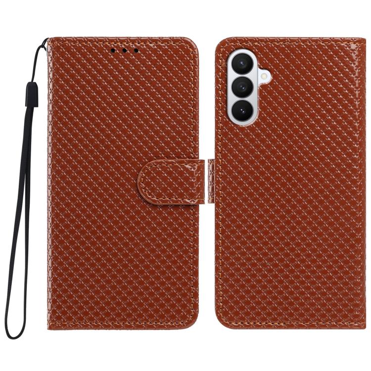 For Galaxy S26 5G Mirrored Buckle Vegan Leather Phone Case with Small Black Cord(Brown)