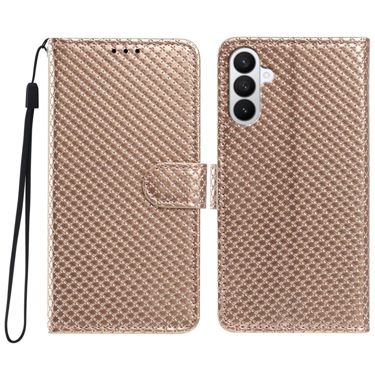 For Galaxy S26 5G Mirrored Buckle Vegan Leather Phone Case with Small Black Cord(Gold)