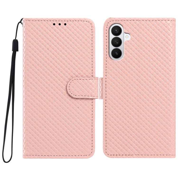 For Galaxy S26 5G Mirrored Buckle Vegan Leather Phone Case with Small Black Cord(Pink)