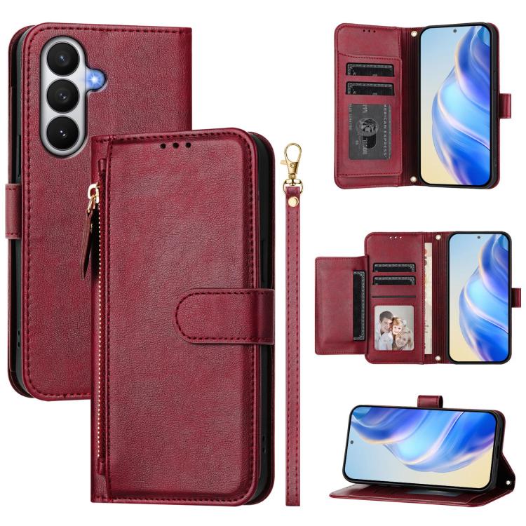 For Galaxy S26 5G Multi-Card Slots Zipper Wallet Leather Phone Case(Dark Red)