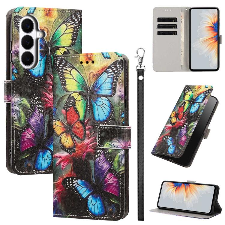 For Galaxy S26 5G Painted Pattern Vegan Leather Phone Case with Strap(Colorful Butterfly)
