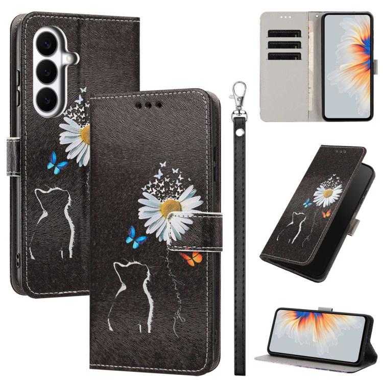 For Galaxy S26 5G Painted Pattern Vegan Leather Phone Case with Strap(Daisy Cat)