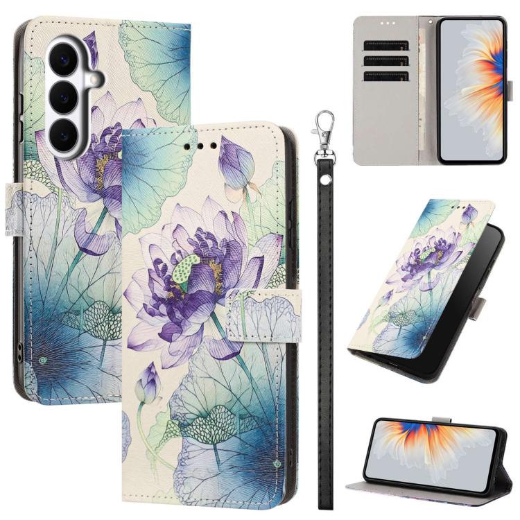 For Galaxy S26 5G Painted Pattern Vegan Leather Phone Case with Strap(Purple Lotus)