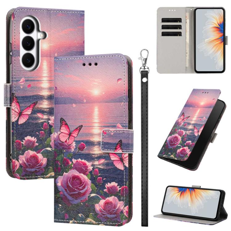 For Galaxy S26 5G Painted Pattern Vegan Leather Phone Case with Strap(Rose Butterfly)
