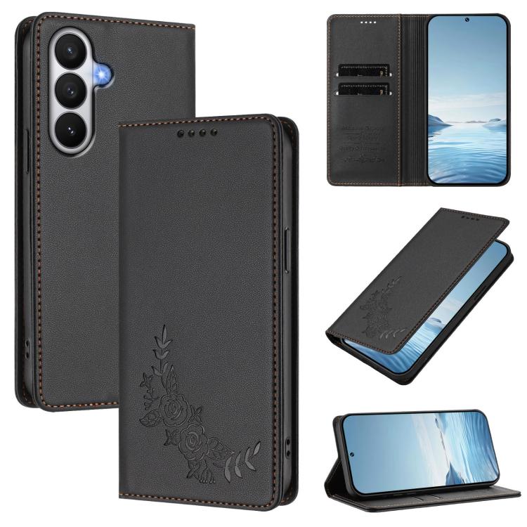 For Galaxy S26 5G Peony Embossed Magnetic RFID Vegan Leather Phone Case(Black)
